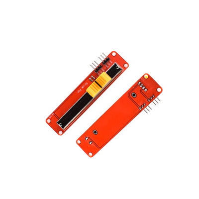 10K slide potentiometer module with yellow slider and pin headers for Arduino and ESP32 projects showing front and back sides