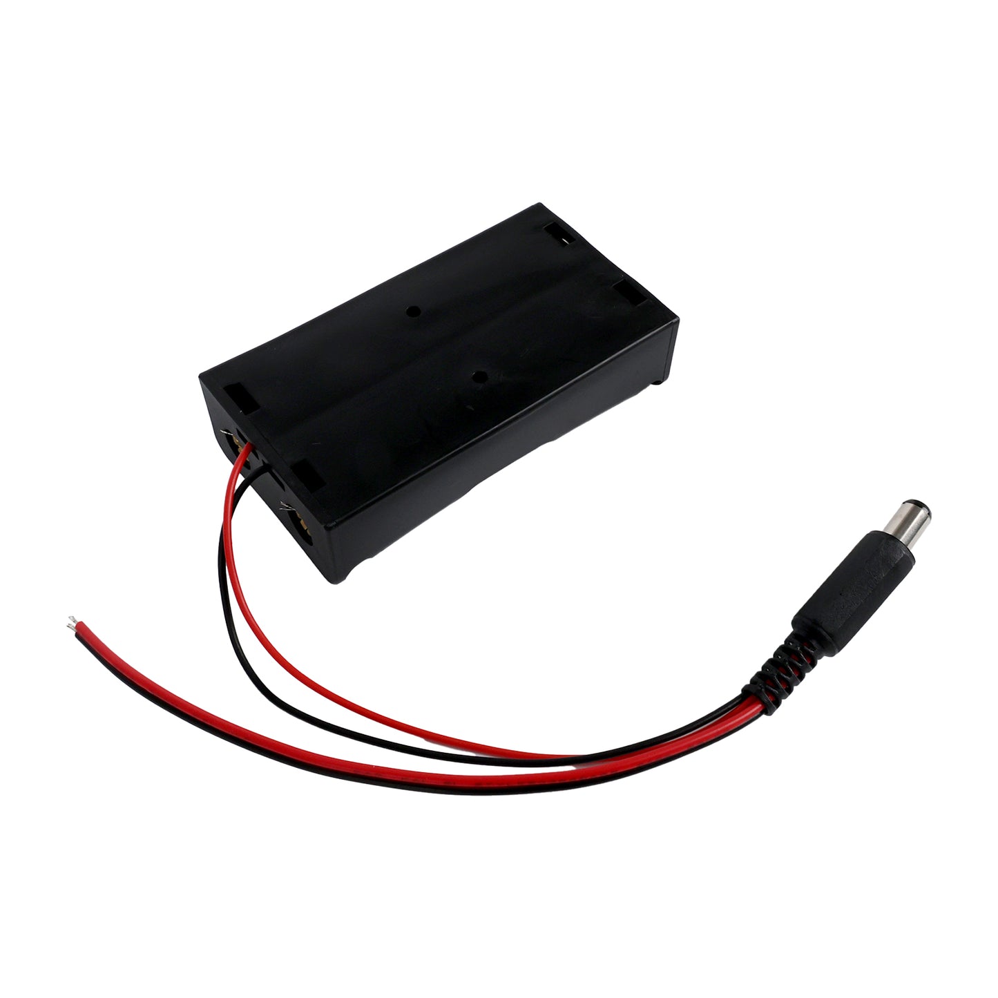 Black 2 x 18650 battery holder box with red and black wires and DC power connector