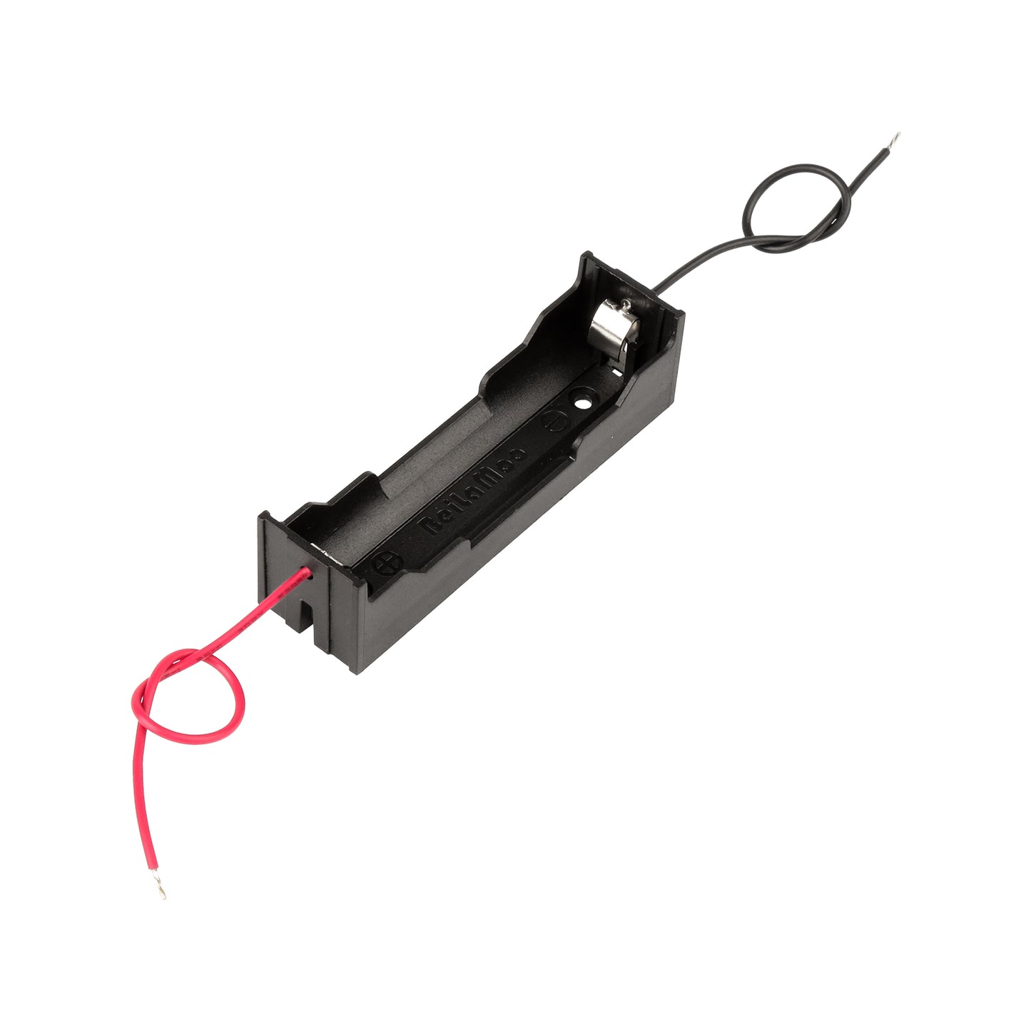 Black 18650 battery holder box with red and black wires, no cover included