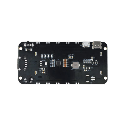 Back side of 2x18650 lithium battery shield V8 with USB ports and electronic components for ESP32 and Arduino