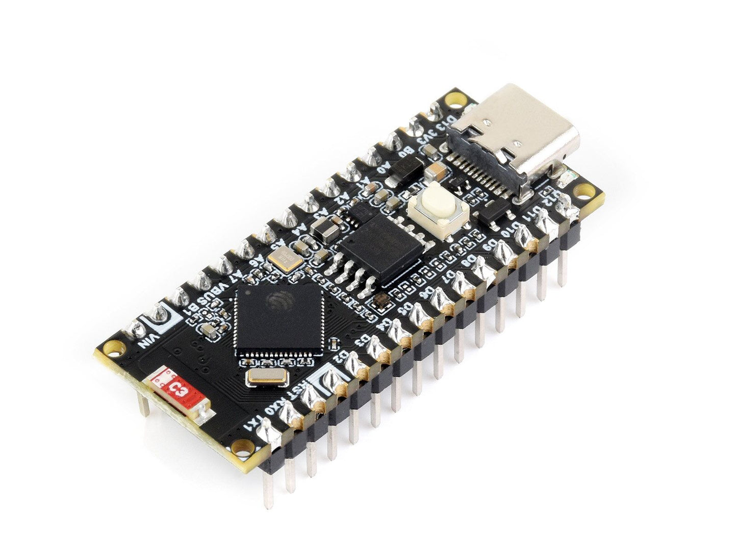 close-up angled shot of ESP32-S3 Nano Dev Board with labeled pins and components
