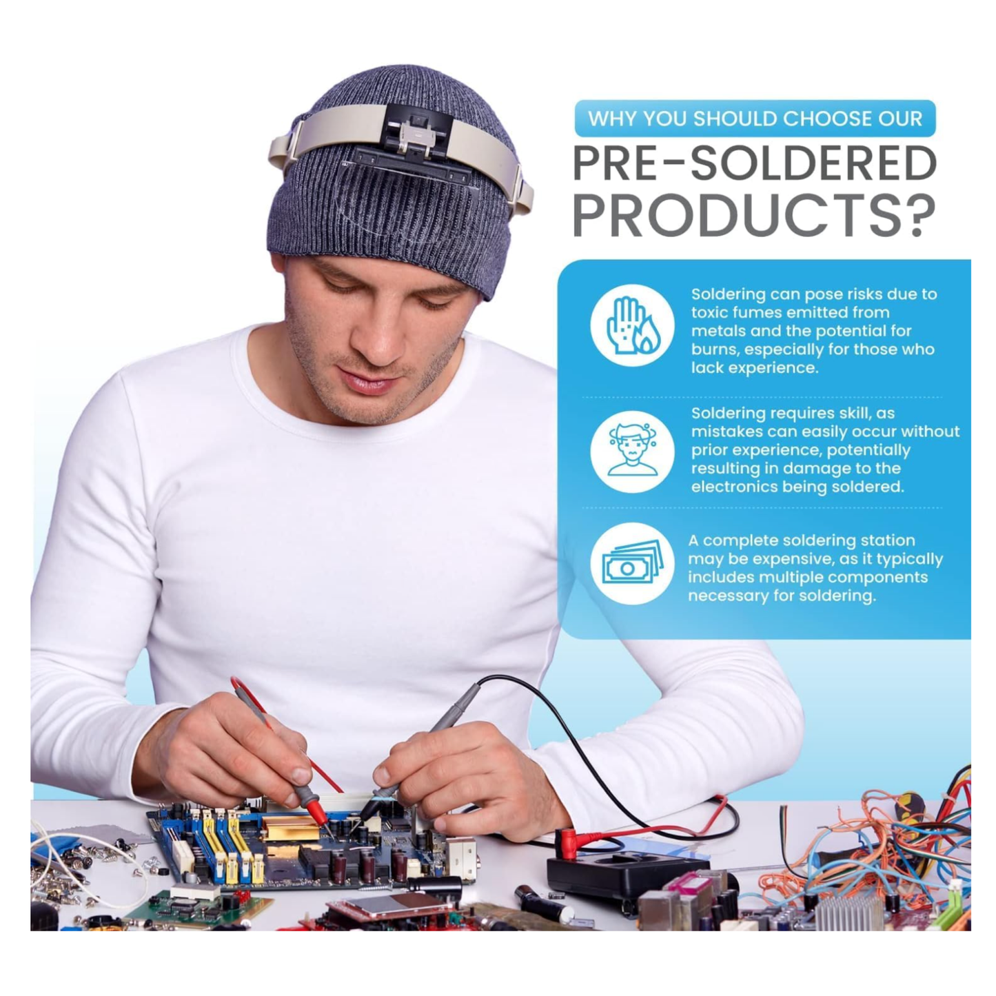 Man wearing magnifier headband soldering electronics emphasizing pre-soldered feature