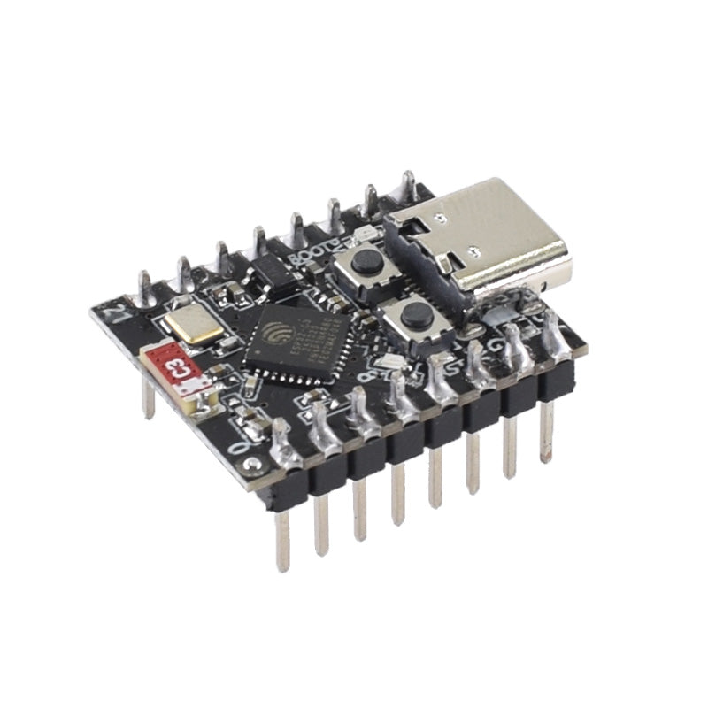 Close-up top angled view of ESP32-C3 4MB Pre-Soldered WiFi Dev Board for Arduino