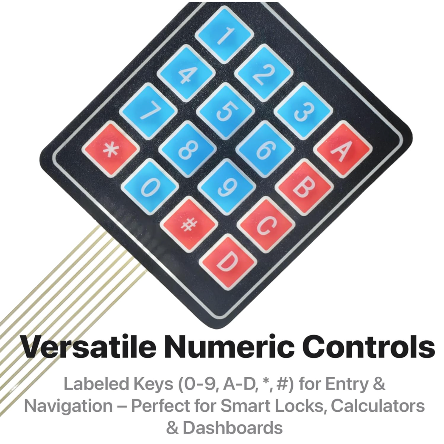 Close-up of ShillehTek 4x4 membrane matrix keypad showing numbered and lettered keys