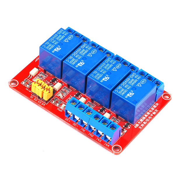 ShillehTek 4-channel 24V relay module with blue relays and red circuit board