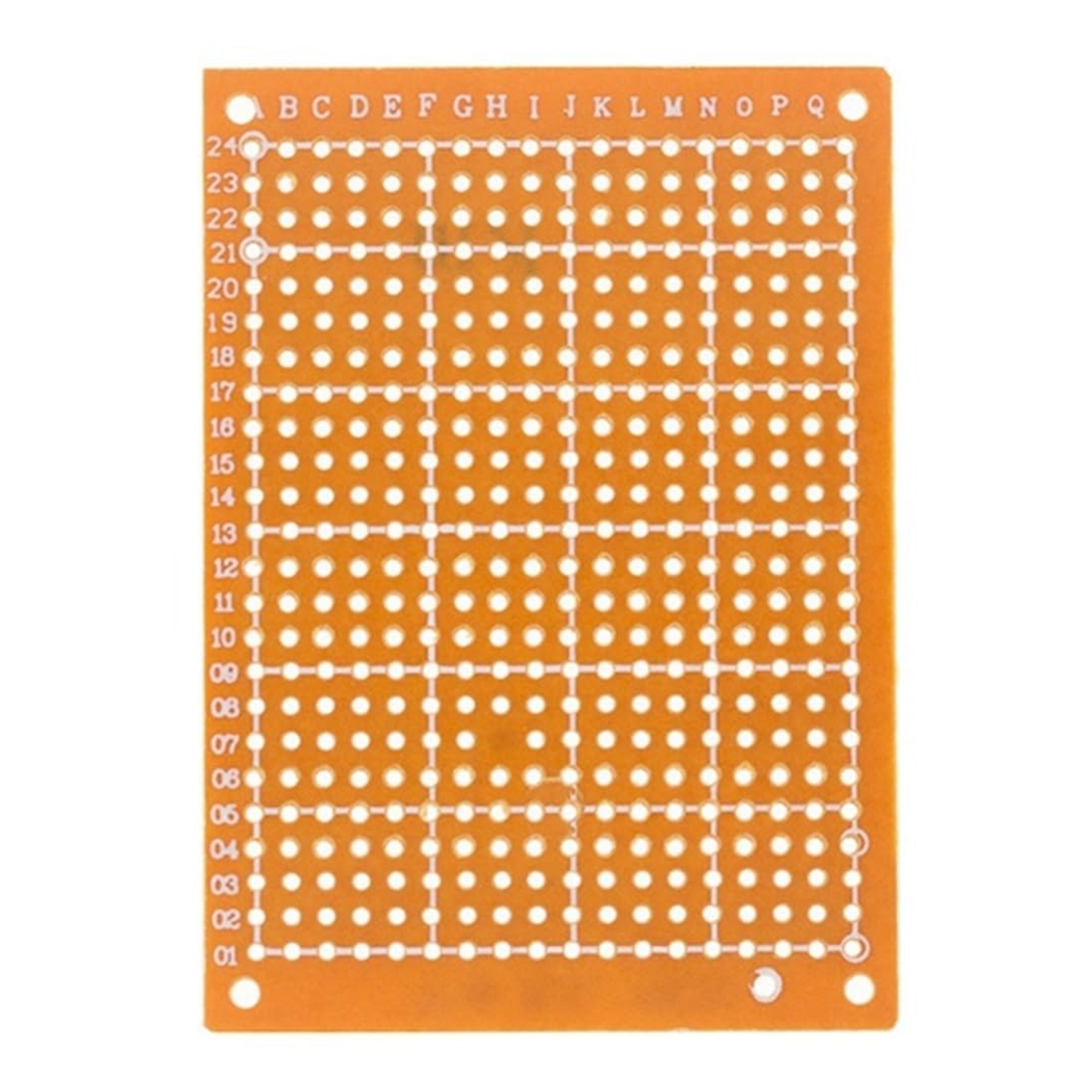 Back view of 5x7cm copper prototype PCB board showing solder mask and hole pattern for electronics