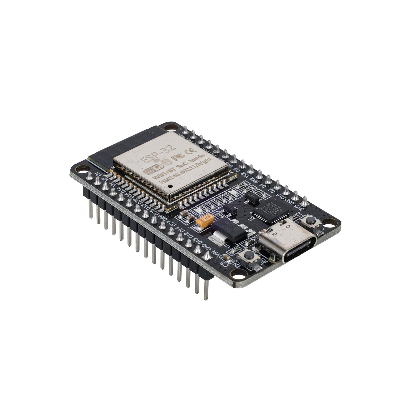 Angled view of ESP32 Dev Board with black PCB and pre-soldered pins