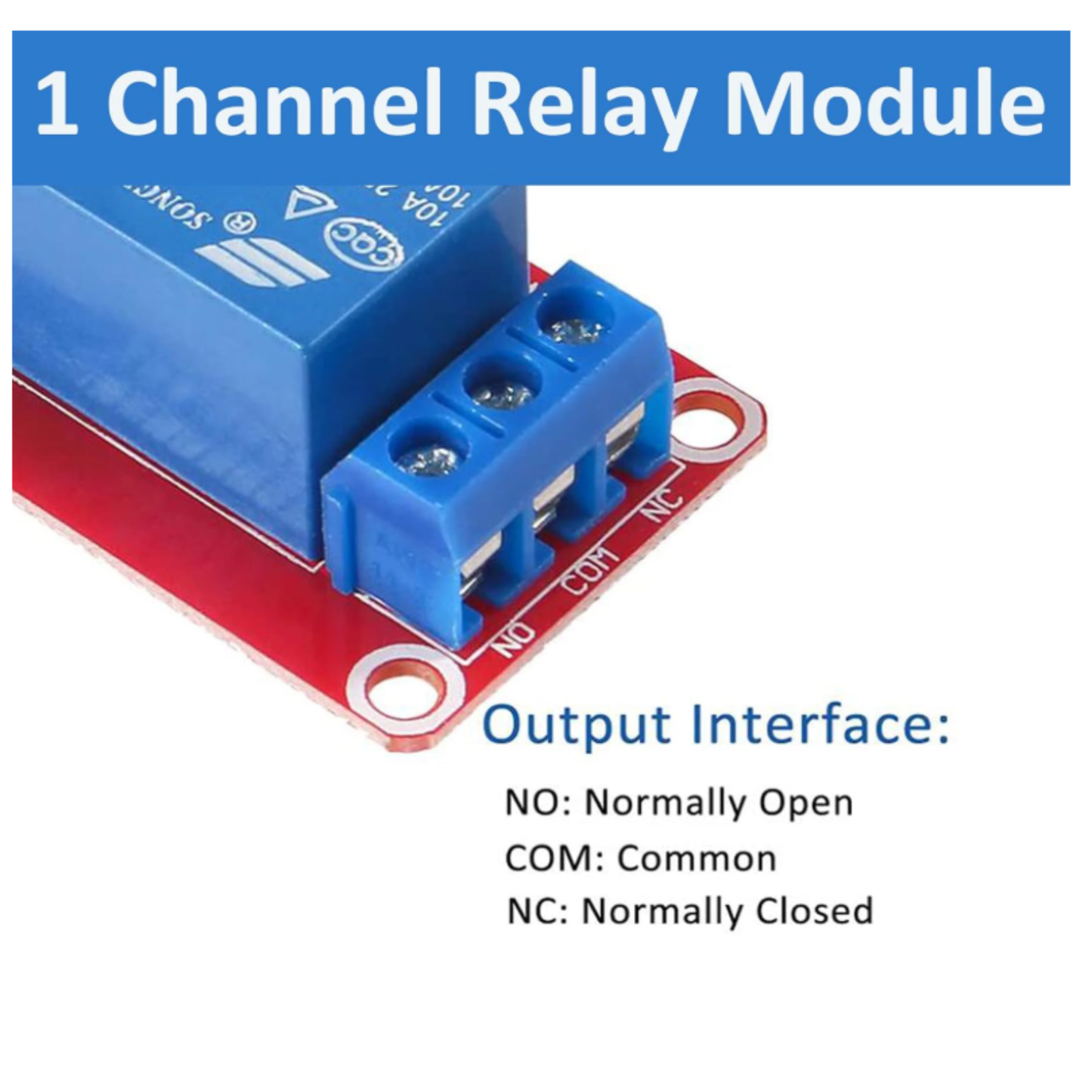 Close up of ShillehTek 1-Channel Relay Module output interface terminals NO COM NC