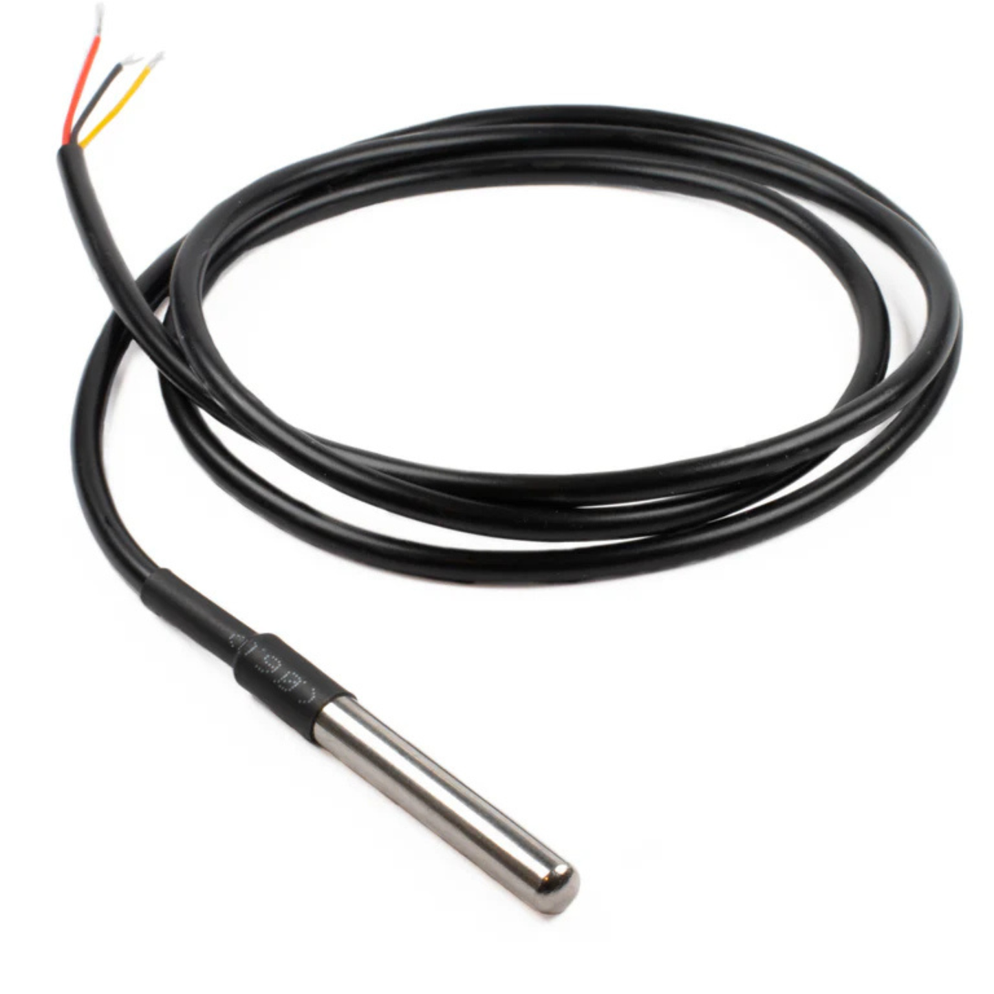 Full view of ShillehTek DS18B20 temperature sensor probe with waterproof cable and wires