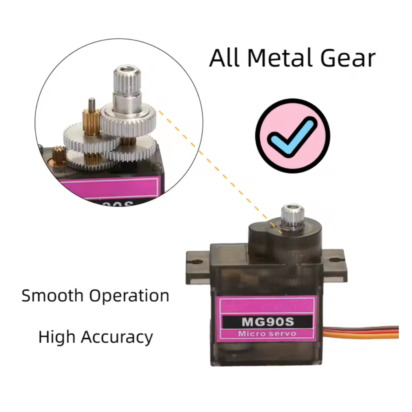 ShillehTek MG90S micro servo motor displayed with different black plastic arms and mounting screws