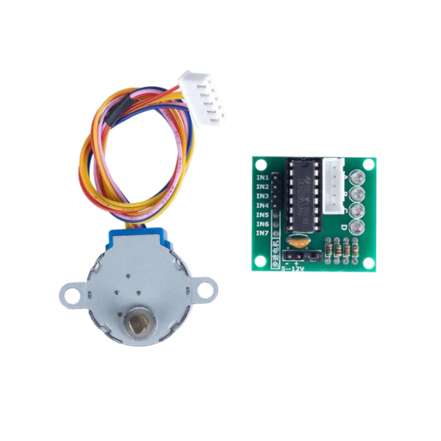 ULN2003 driver board and 5V 4-phase stepper motor separated from above angle