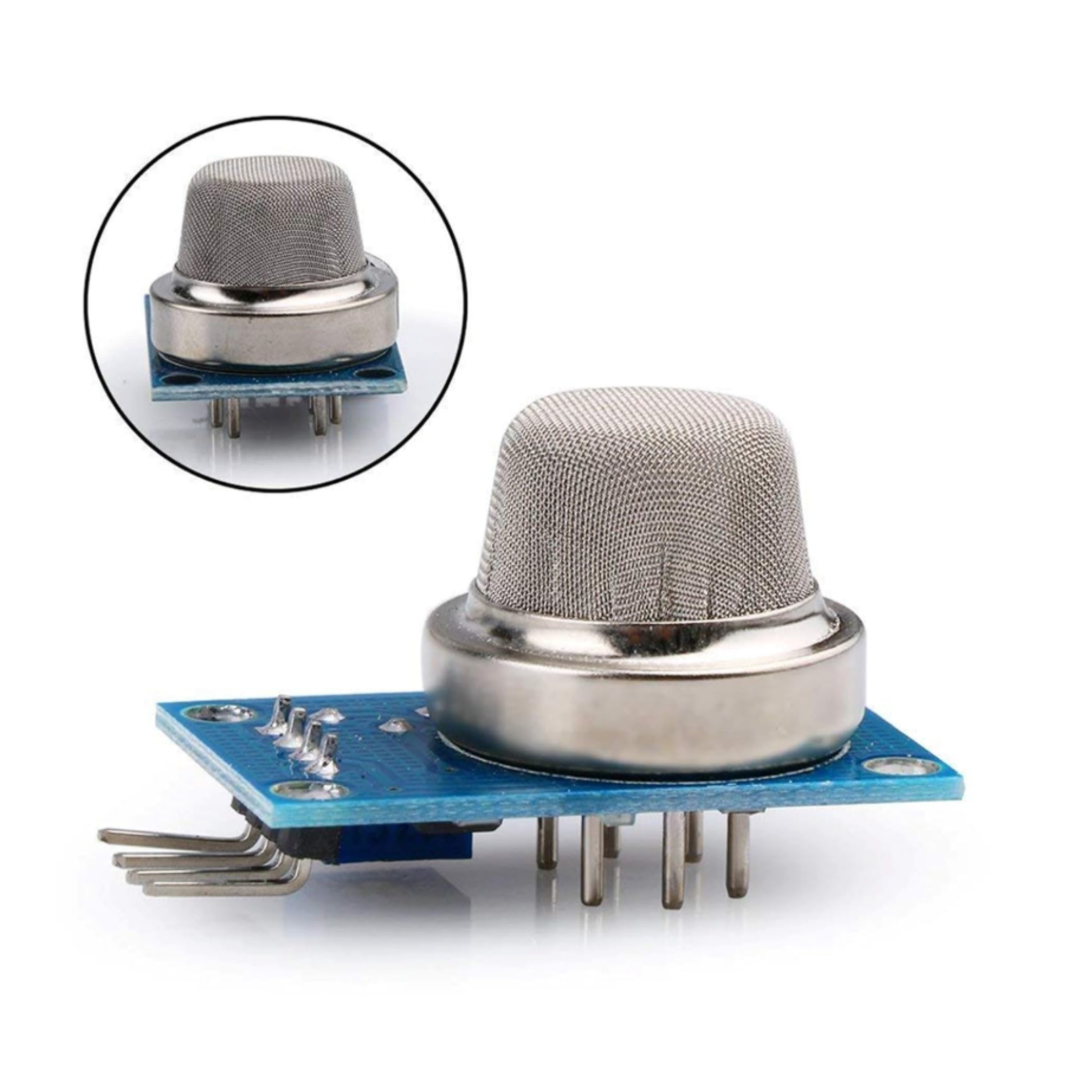 Side view of ShillehTek MQ-2 Flammable Gas & Smoke Sensor Module with inset detail of sensor