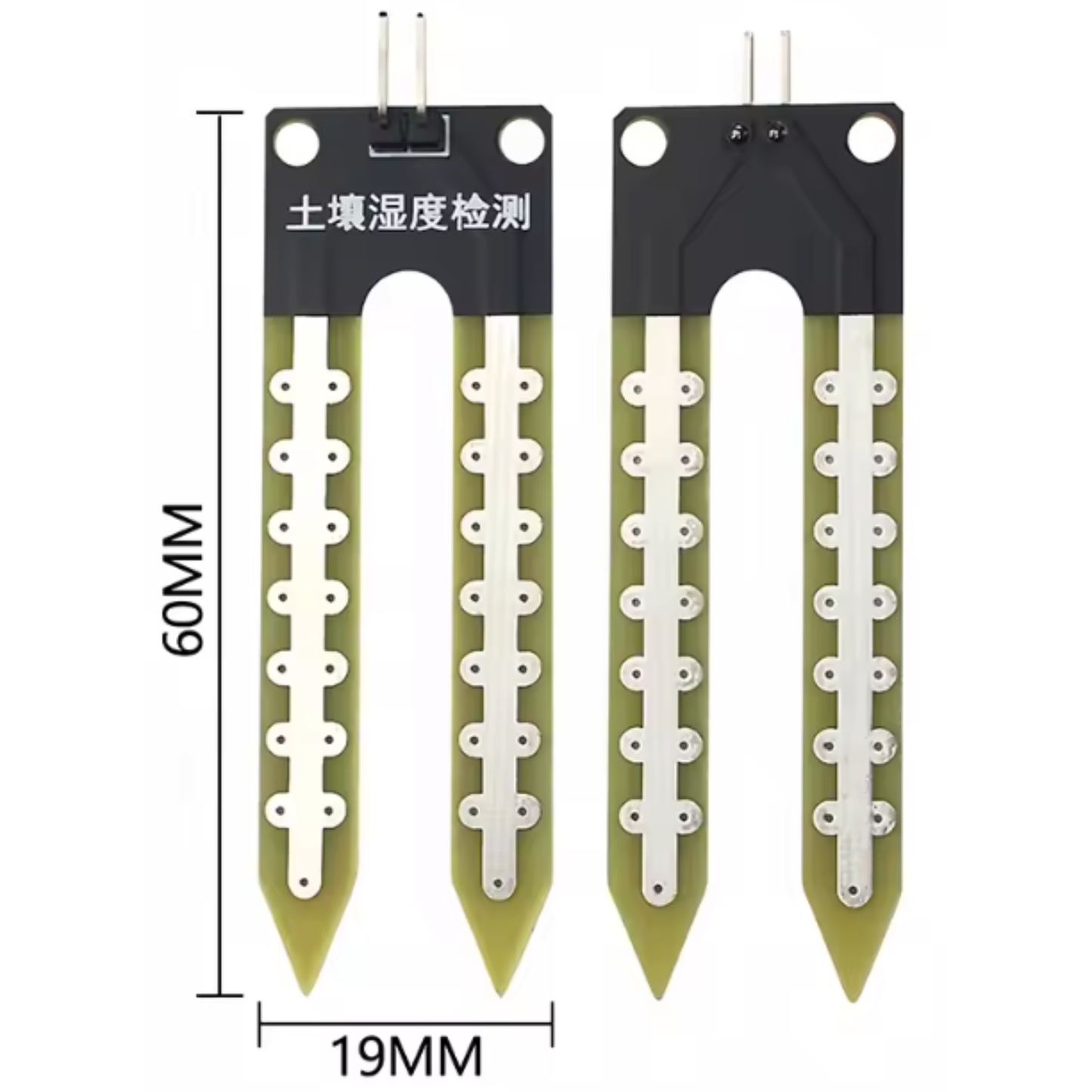 ShillehTek soil moisture sensor probe shown with length and width measurements
