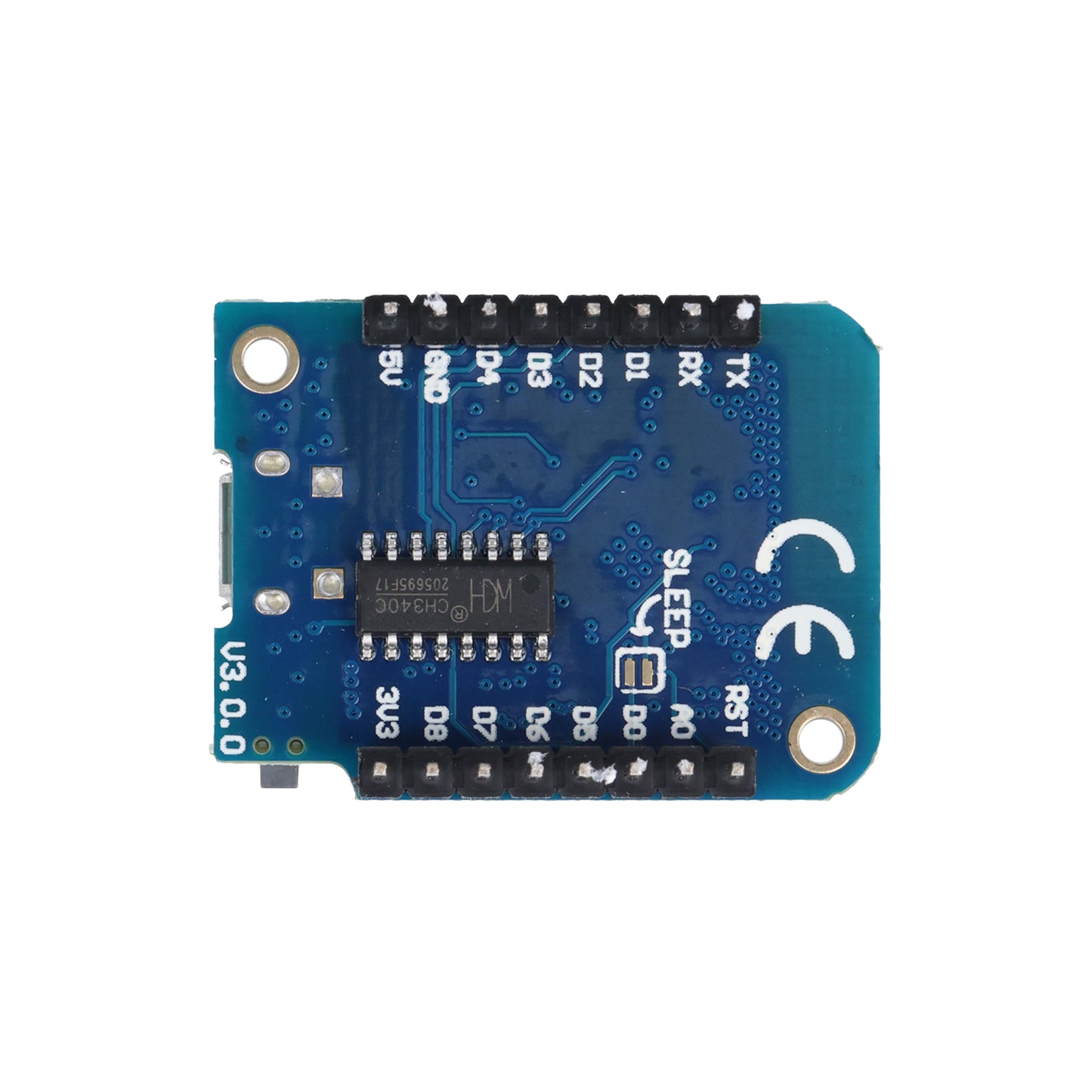 ESP8266 D1 Mini V3 4MB blue circuit board side view with pin connections Arduino