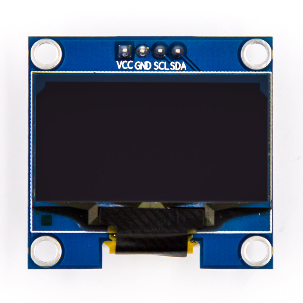 front close-up of ShillehTek branded 1.3 inch white OLED display module with 4-pin interface