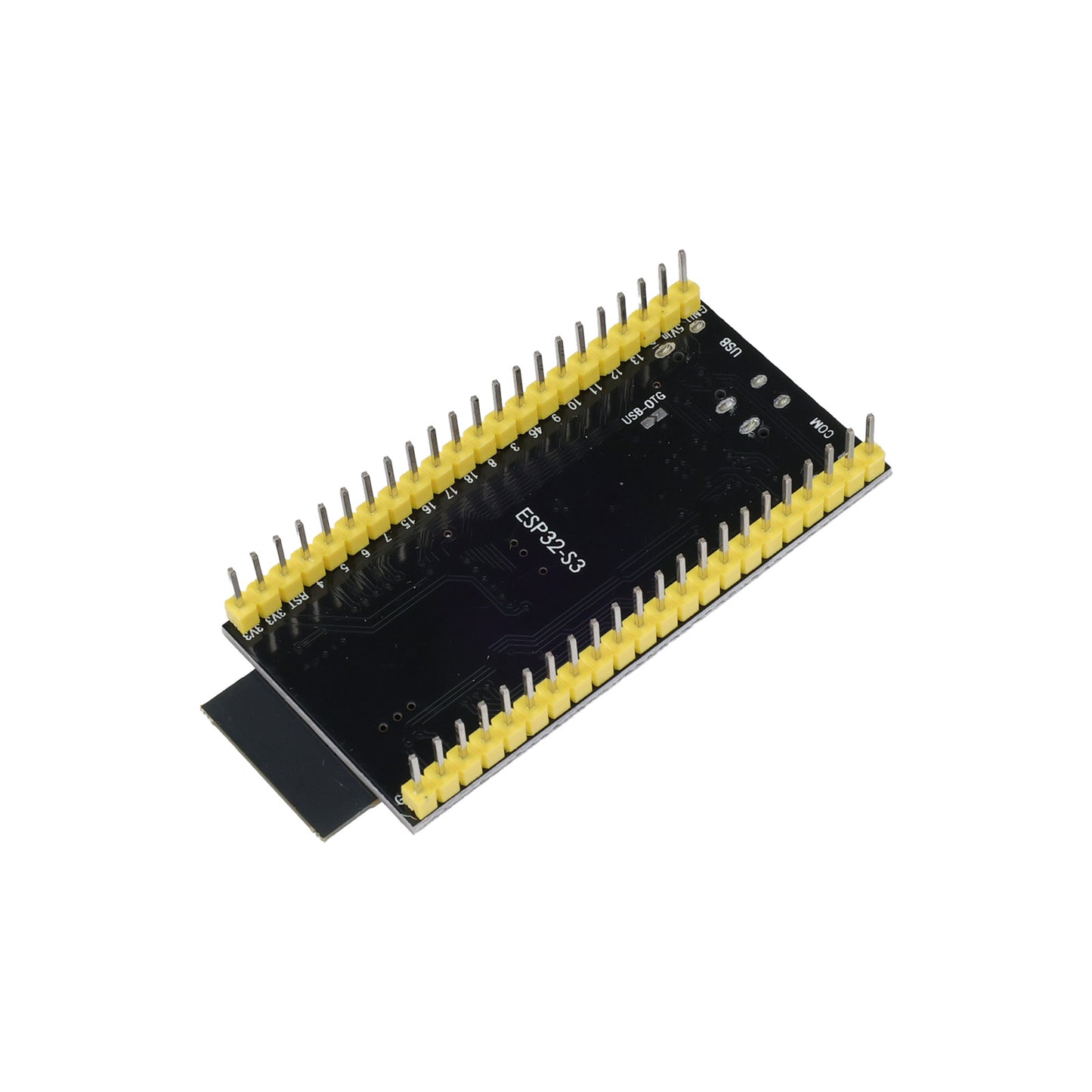 Perspective back angle of ESP32-S3 DevKitC-1 Dev Board with rows of pins