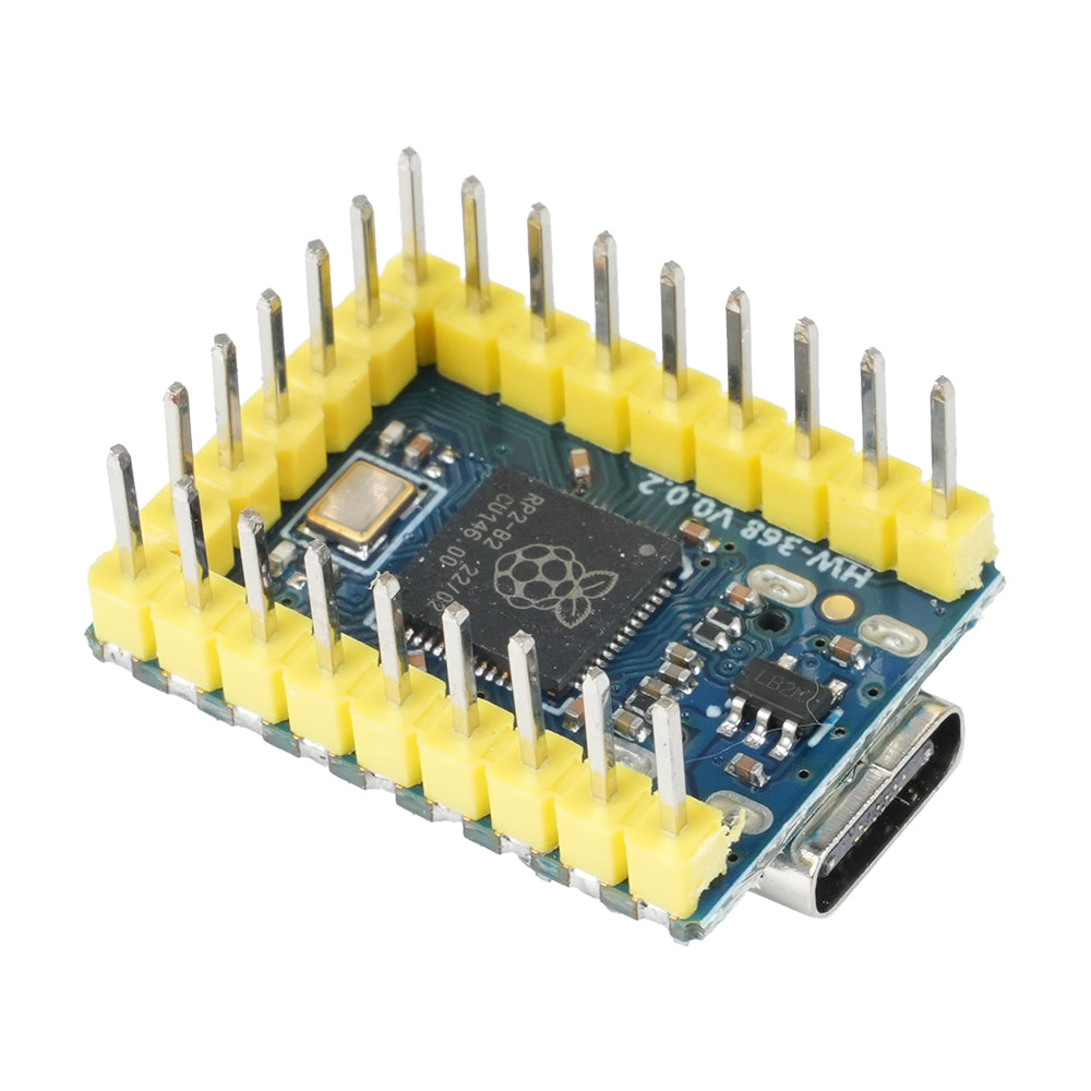 angled close-up of ShillehTek RP2040 Zero Microcontroller Board with focus on connectors and components
