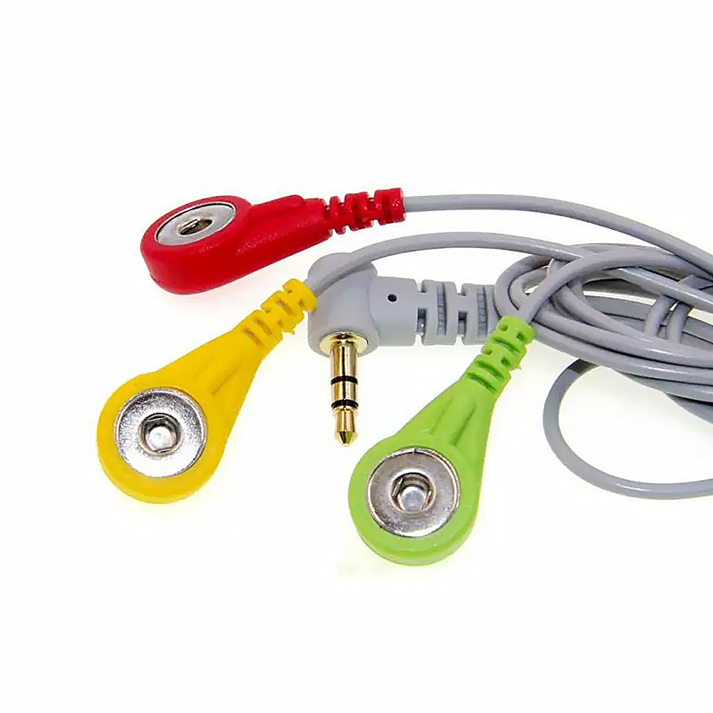 Gray ECG cable with red yellow green clips and audio jack connector