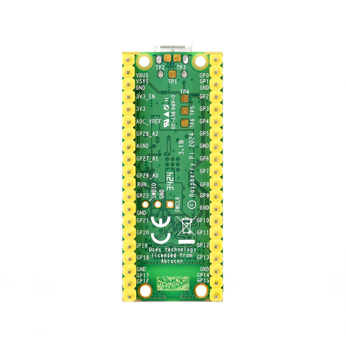 Bottom view highlighting GPIO pin labels and design on Raspberry Pi Pico 2W