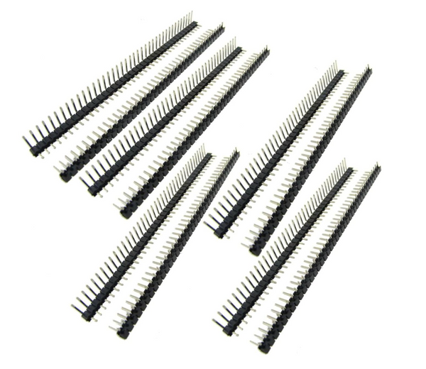 Set of ShillehTek right angle 1x40pin 2.54mm male PCB headers arranged in rows