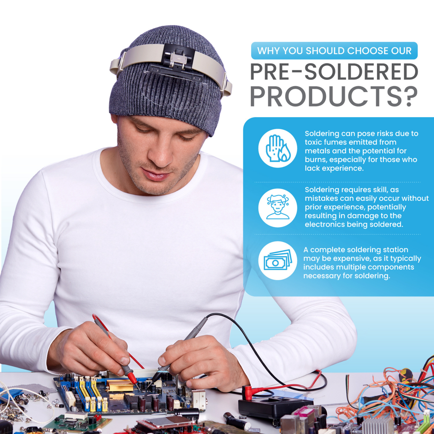 Man working on electronics beside soldering safety tips poster