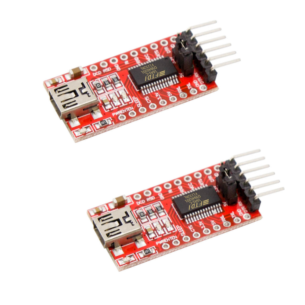 Two ShillehTek FT232RL Mini USB to TTL Serial Converter boards side by side