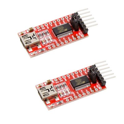 Two ShillehTek FT232RL Mini USB to TTL Serial Converter boards side by side