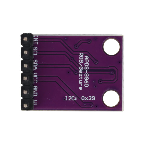 Back side of APDS-9960 RGB gesture proximity and color sensor module with pin labels and mounting holes
