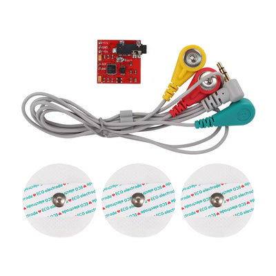 EMG Muscle Sensor V3.0 kit with a red adjustable-gain board, gray three-lead electrode cable and three round electrode pads.