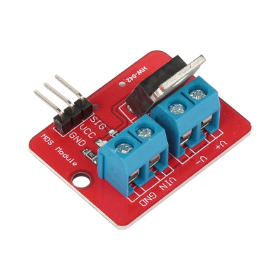 IRF520 MOSFET driver module with blue terminal blocks and three-pin header for Arduino and ESP32
