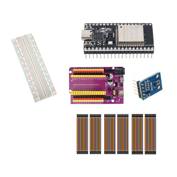ESP32 sensor kit with a USB-C ESP32 board, GPIO breakout, BH1750 light sensor, 830-point breadboard and jumper wires.