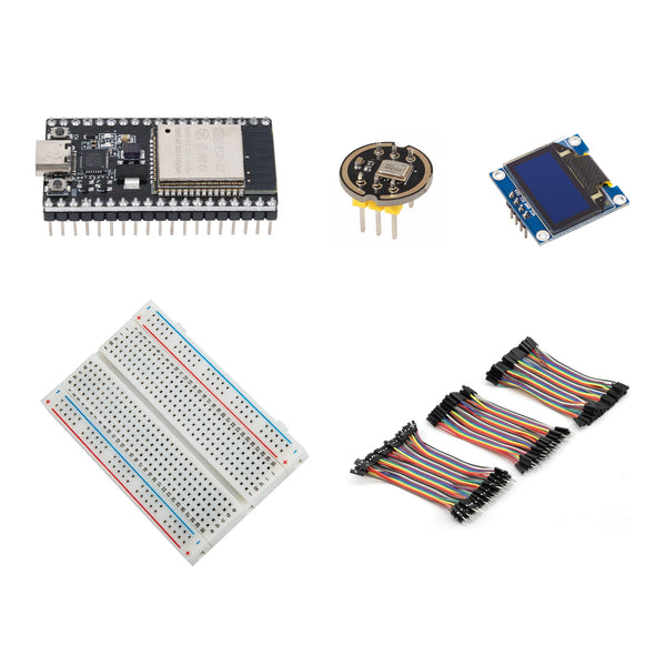 ESP32 audio kit with INMP441 microphone, white OLED display, 400-point breadboard and jumper wire set.