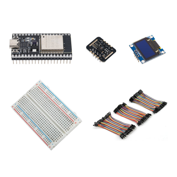 Optical sensing kit with ESP32, MAX30102 sensor, blue OLED display, 400-point breadboard and jumper wire set.