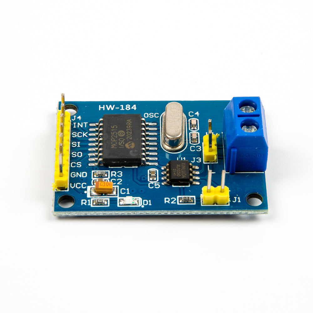 MCP2515 CAN Bus Module with TJA1050 SPI interface showing chip, pins, and blue terminal block