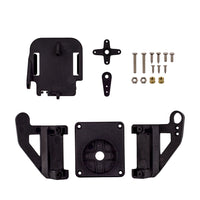 Pan-tilt servo bracket kit components including black plastic mounts, servo arms, screws, nuts, and brass inserts for SG90 and MG90S servos