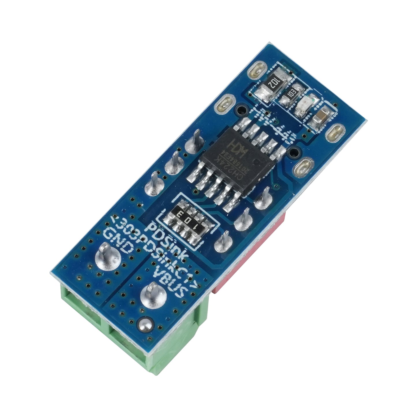 Close-up of PDSink PD Decoy Fast Charging Test Board showing electronic components and soldered pins