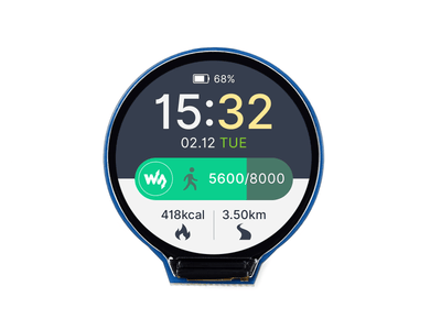 1.28 inch round IPS LCD display showing time, date, battery, step count, calories, and distance