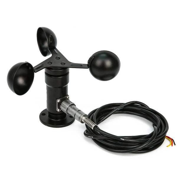 Black wind speed sensor anemometer with three cups and attached long black cable with exposed wires