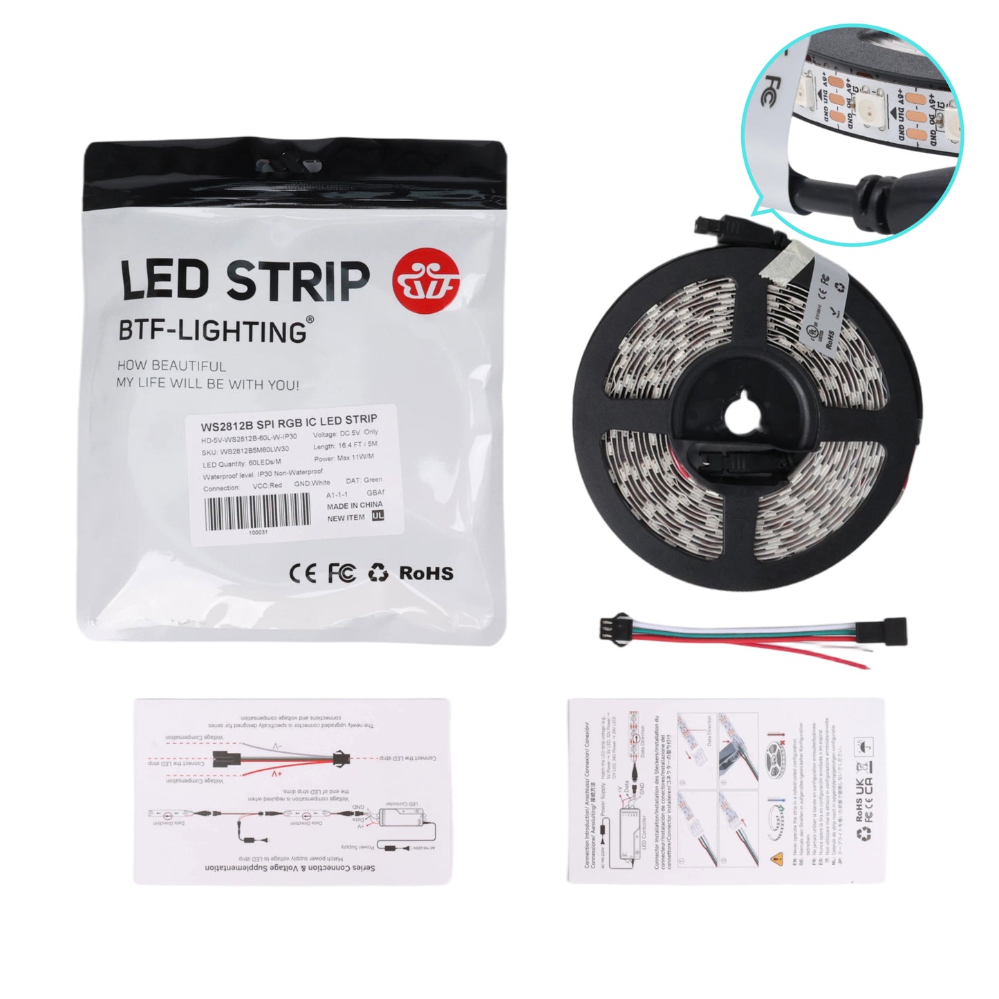 WS2812B LED strip roll with packaging, wiring connector, and instruction sheets for installation