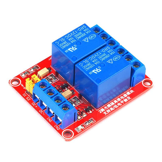 ShillehTek 2-channel 24V relay module with blue relay switches on red board