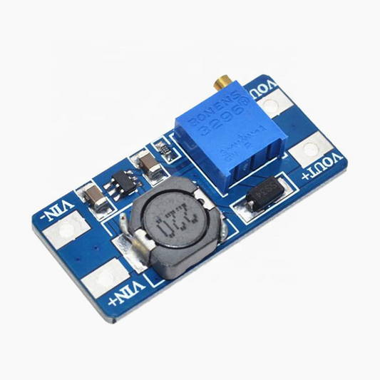 compact ShillehTek MT3608 DC-DC step up boost converter with blue adjustable potentiometer