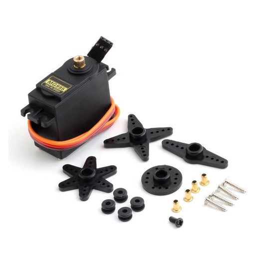 ShillehTek MG995 metal gear servo motor with multiple black plastic mounting accessories