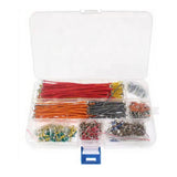 840-piece breadboard jumper wire kit in an open clear storage box with a blue latch and assorted pre-formed wires
