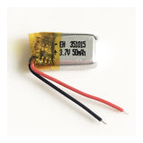 351015 50mAh 3.7V lithium battery with red and black lead wires, front view