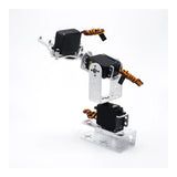 Rear view of assembled 3DOF robot arm showing three servo positions, silver brackets and servo leads