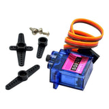SG92R micro servo motor shown from the side with its three-wire lead, black servo horns and mounting screws