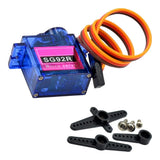 SG92R 9g micro servo motor with transparent blue case, coiled lead and included mounting accessories