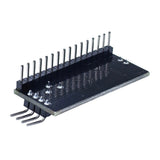 Underside of PCF8574 I2C LCD adapter showing straight LCD header and right-angle I2C pins