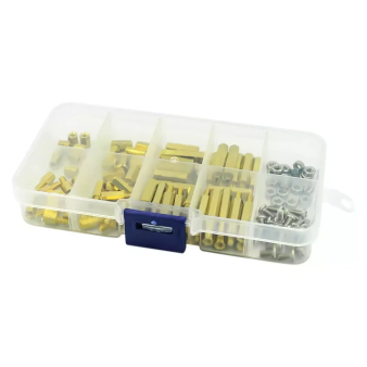 120-piece M3 hexagon copper pillar screw kit with nuts and washers in a transparent plastic storage box