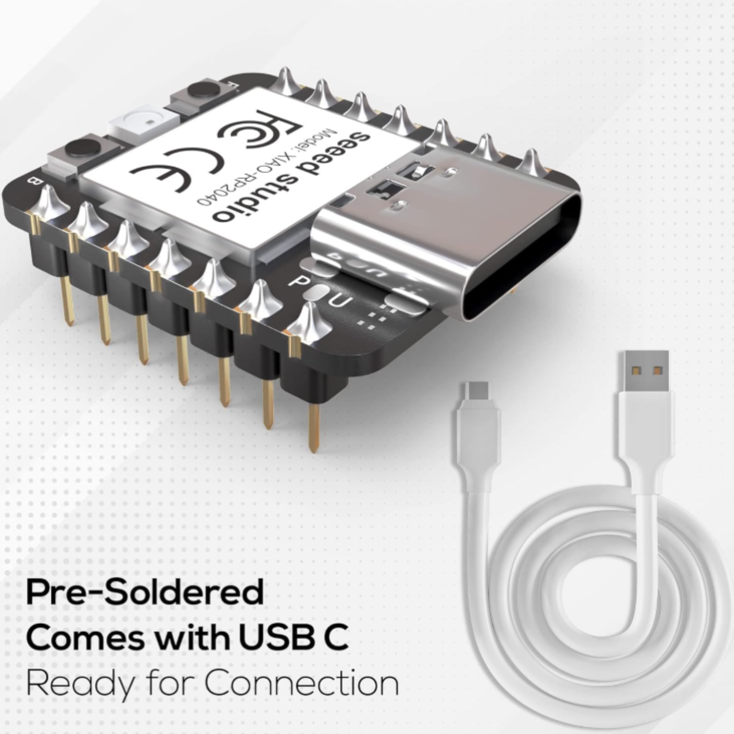 Close up of pre-soldered XIAO RP2040 with USB-C cable connection
